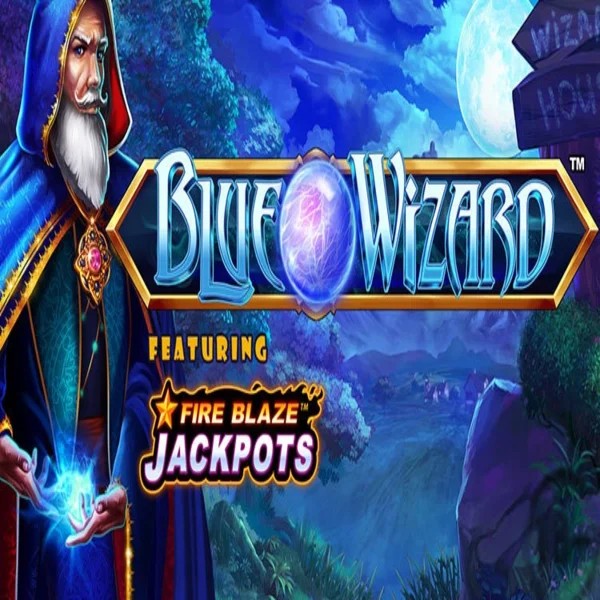 Blue Wizard Fire Blaze Jackpots slot logo by Rarestone Gaming at SpinLander Casino