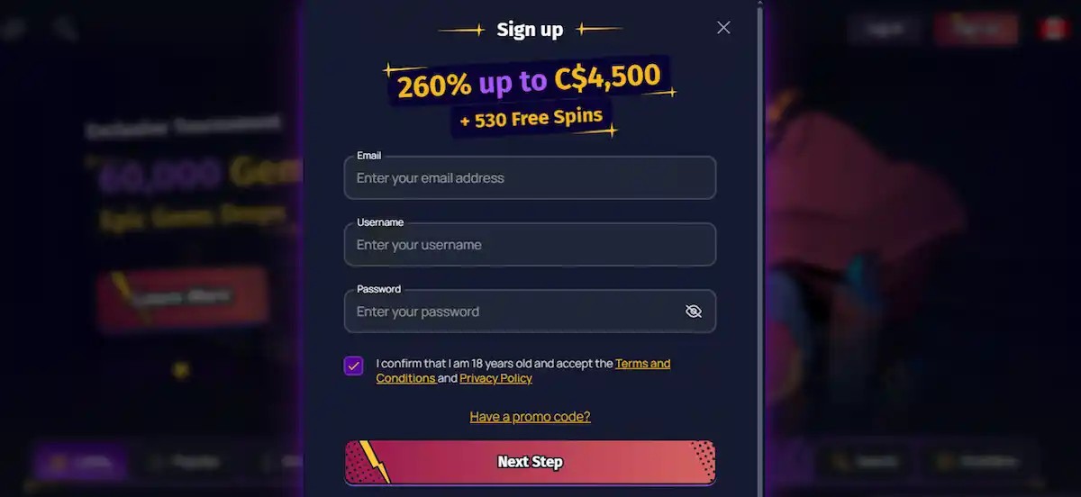 Sign up for new Spinlander Casino account